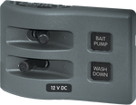 Gray 2-position WeatherDeck waterproof marine switch panel with bait pump and wash down labels