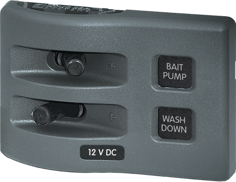 Gray 2-position WeatherDeck waterproof marine switch panel with bait pump and wash down labels