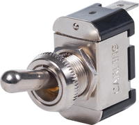 Nickel-plated brass SPST toggle switch with threaded neck and quick-connect terminal