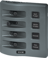 Gray 4-position waterproof 12V DC marine switch panel with toggle switches and labels