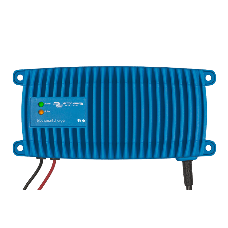 Top-down view of the blue smart charger showing LED indicators and aluminium cooling fins