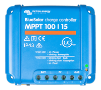 Front view of Victron BlueSolar MPPT 100/15 solar charge controller with LED indicators