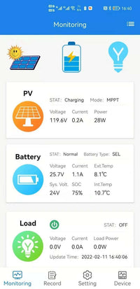 Smartphone app screenshot showing real-time solar monitoring data