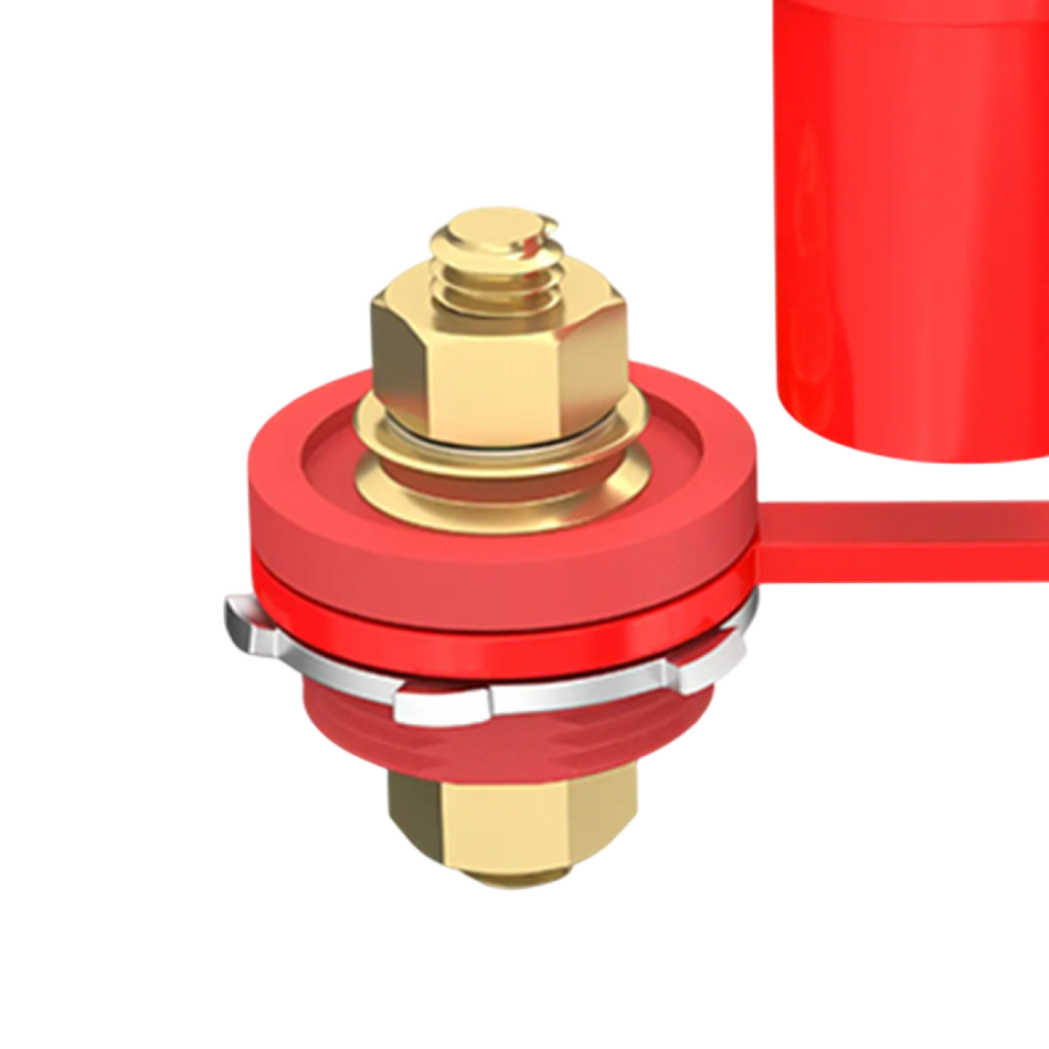 Close-up of brass M10 terminal stud and serrated locking washer on red insulated base