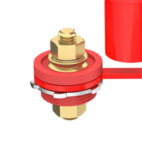 Close-up of brass M10 terminal stud and serrated locking washer on red insulated base