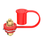 Red bulkhead battery post with M10 stud and open protective boot showing brass terminals and locking washer