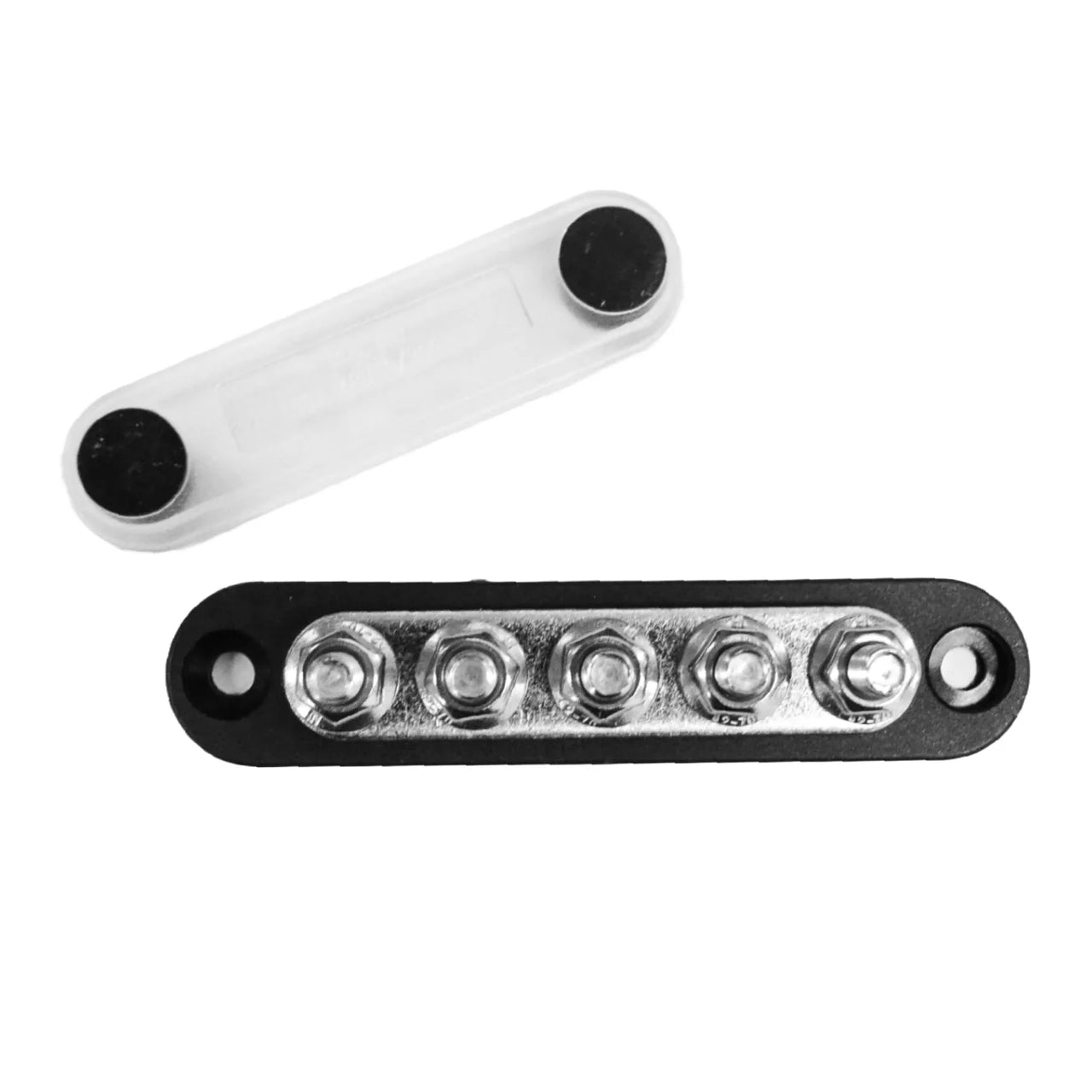 Overhead view of black busbar with five M6 studs and separate clear protective cover