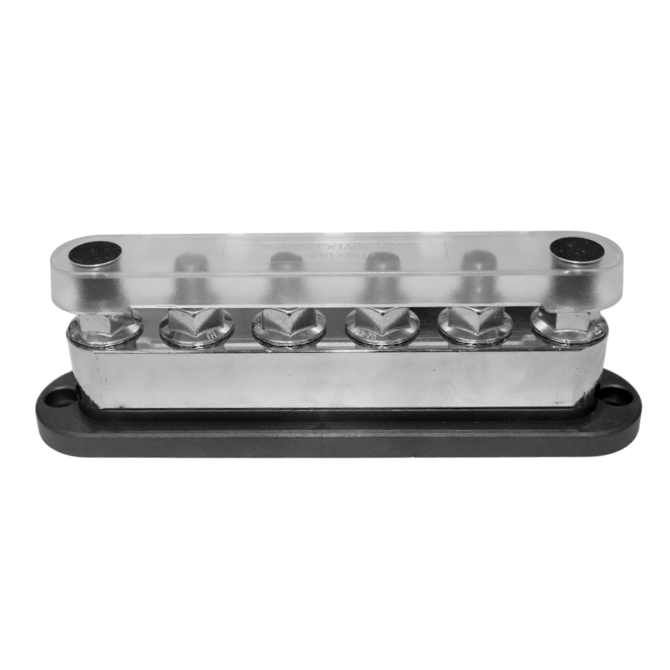 Angled side view of assembled busbar showing profile and cover height