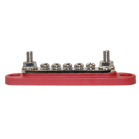 Side profile of red busbar showing height difference between M6 studs and screw terminals