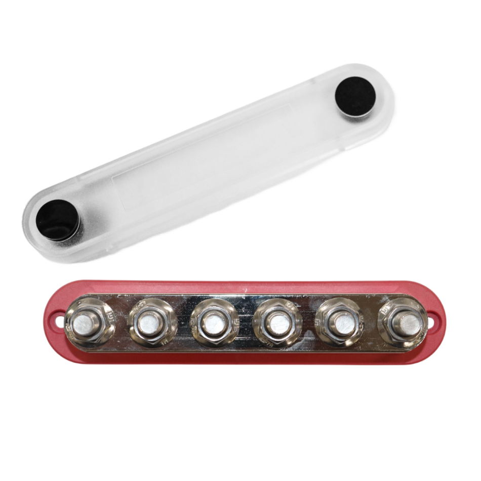 Top-down view of red busbar with cover removed to show six M10 studs and mounting holes