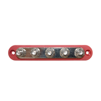 Top-down view of red 5 stud busbar showing terminal layout and mounting holes
