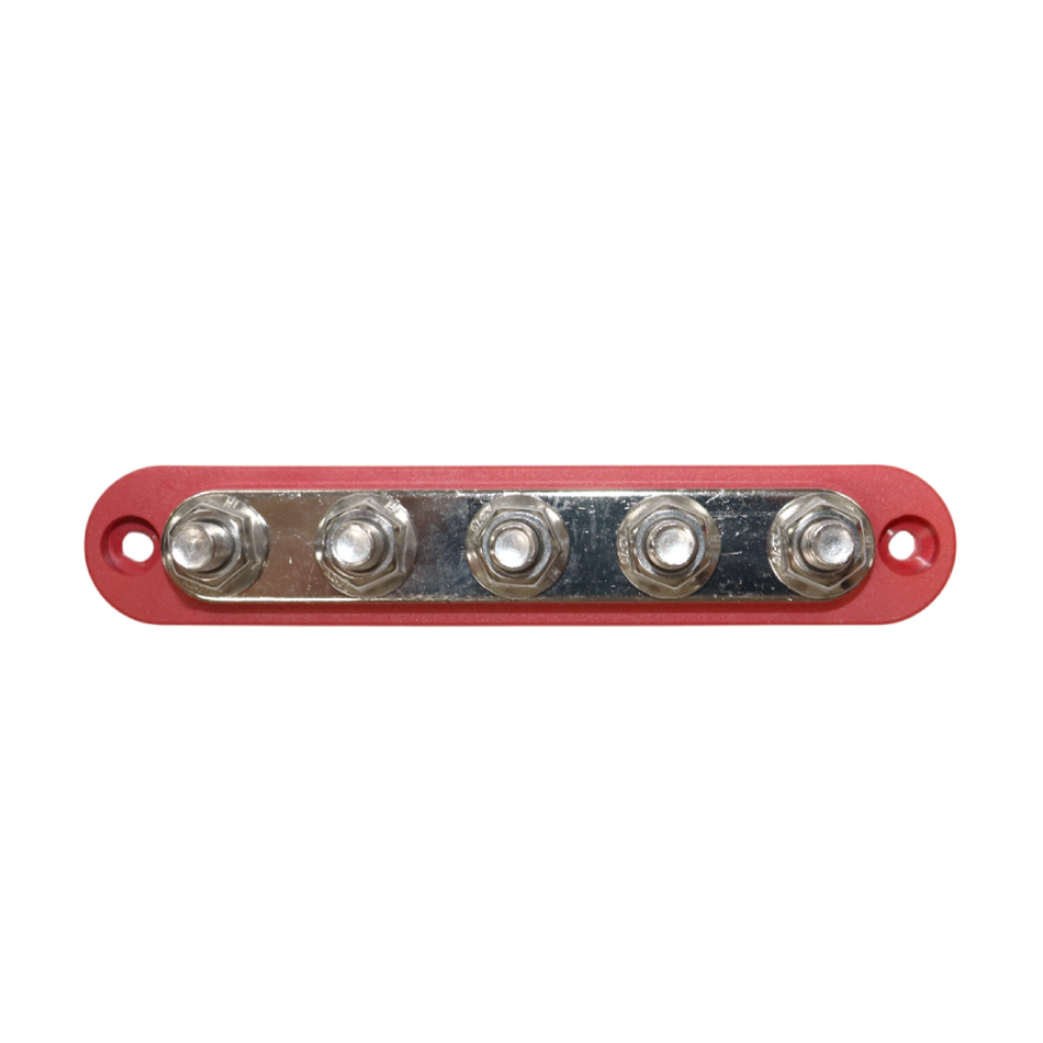 Top-down view of red 5 stud busbar showing terminal layout and mounting holes