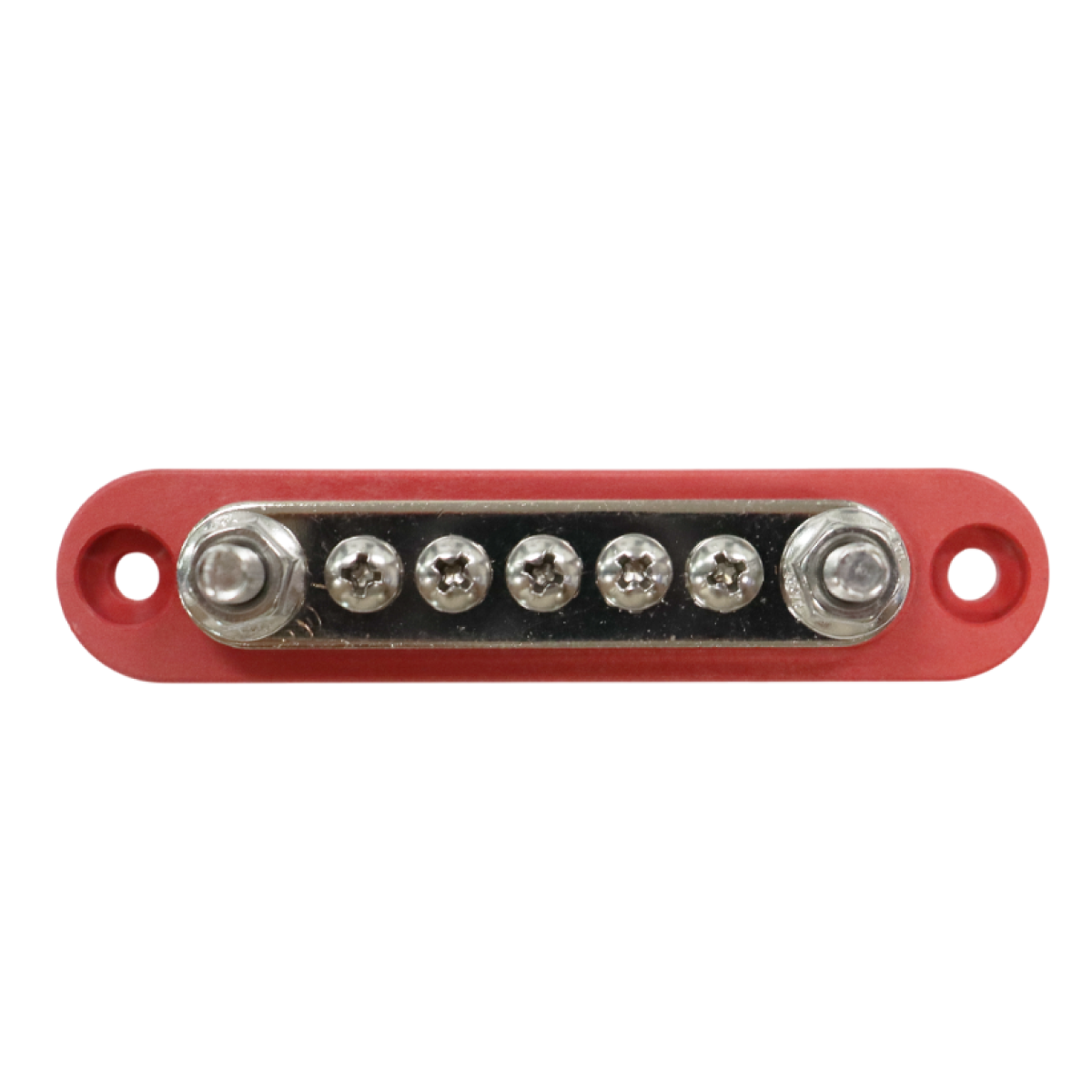 Top-down view of red busbar terminals featuring two M6 studs and five screw terminals