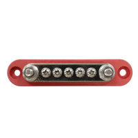 Top-down view of red busbar terminals featuring two M6 studs and five screw terminals