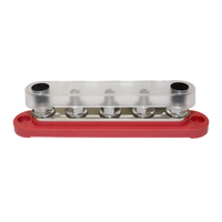 Red busbar with clear polycarbonate cover installed protecting terminals