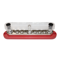 Red 300A busbar with the clear polycarbonate protective cover snapped into place