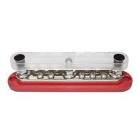 Red 300A busbar with the clear polycarbonate protective cover snapped into place
