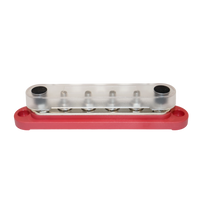 Angled view of red busbar with transparent safety cover installed over studs