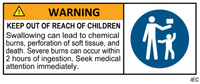 Mandatory safety warning sticker for button batteries highlighting ingestion risks for children
