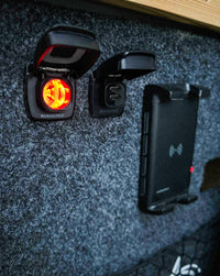 Dual USB-C socket and 12V outlet mounted on a grey carpeted campervan wall