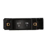 Front view of a black rocker-style circuit breaker with white ON and OFF text indicators and side mounting holes