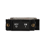 Front view of a black Carling A Series flat circuit breaker with a rocker switch and mounting holes