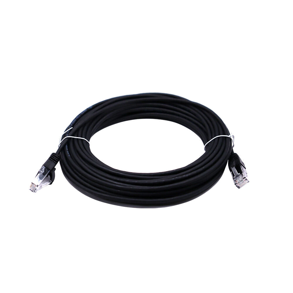 Side view of coiled black Cat6 ethernet cable bundle secured with white twist ties