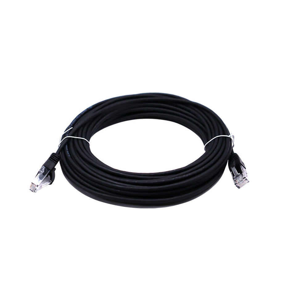 Side view of coiled black Cat6 ethernet cable bundle secured with white twist ties
