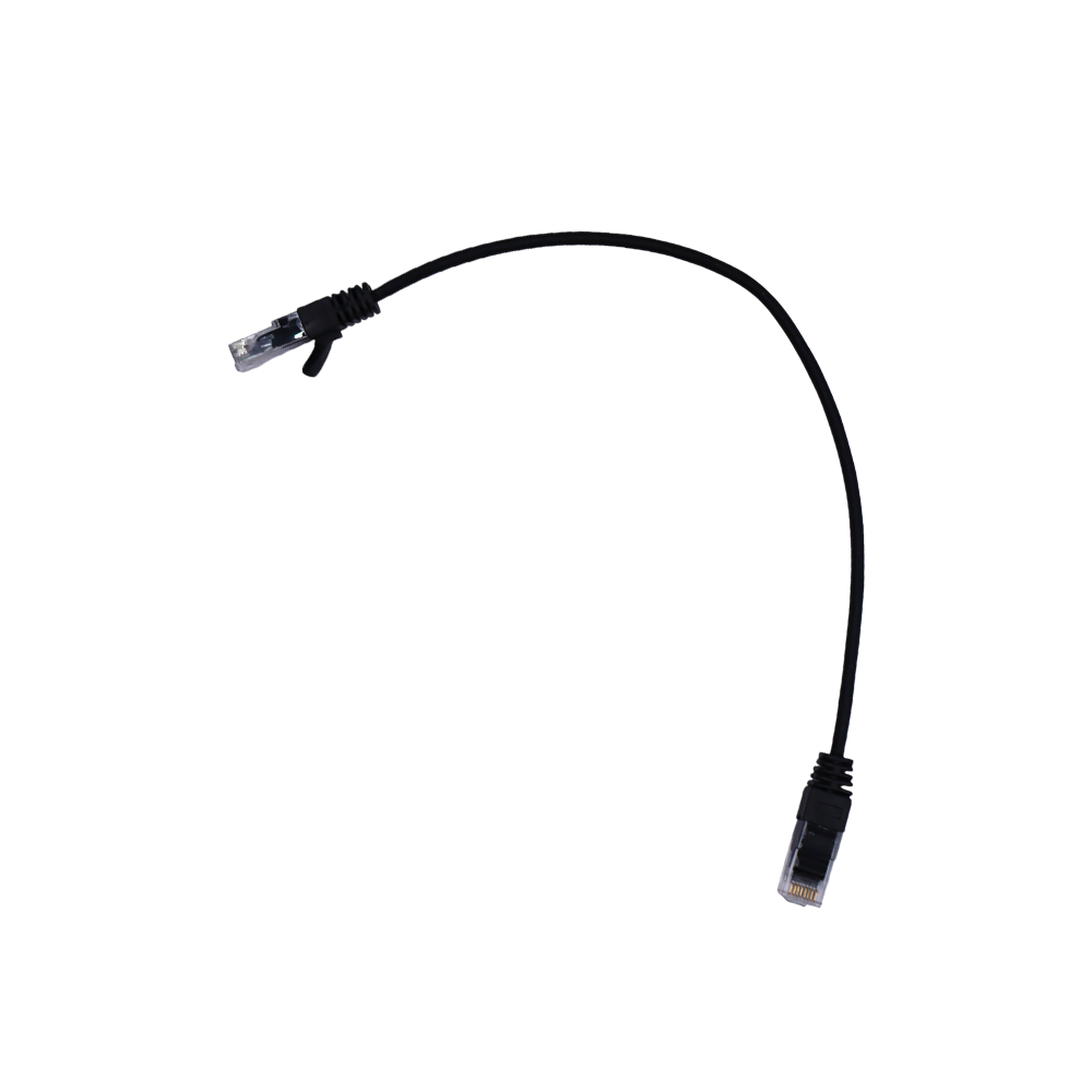 Full view of black 0.3m Cat6 UTP Ethernet patch cable with RJ45 connectors