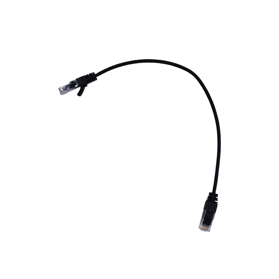 Full view of black 0.3m Cat6 UTP Ethernet patch cable with RJ45 connectors