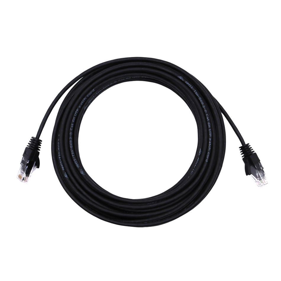 Coiled black 10m Ethernet patch cable with RJ45 connectors and visible specification text