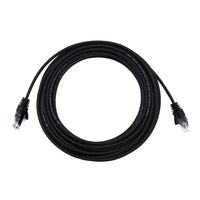 Coiled black 10m Ethernet patch cable with RJ45 connectors and visible specification text