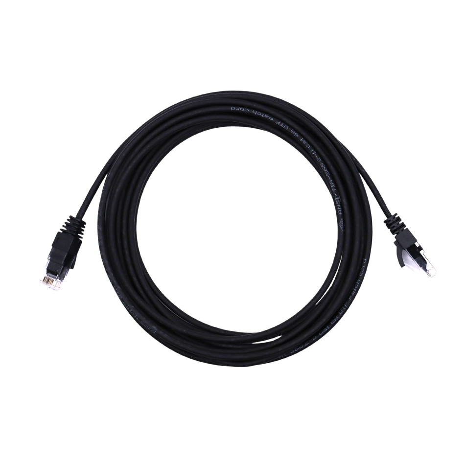 Top-down view of coiled black Cat6 UTP ethernet patch cable showing both RJ45 connectors