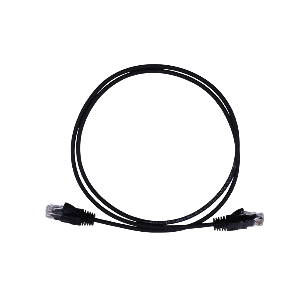Full view of 1m black Cat6 UTP ethernet cable coiled in a circle