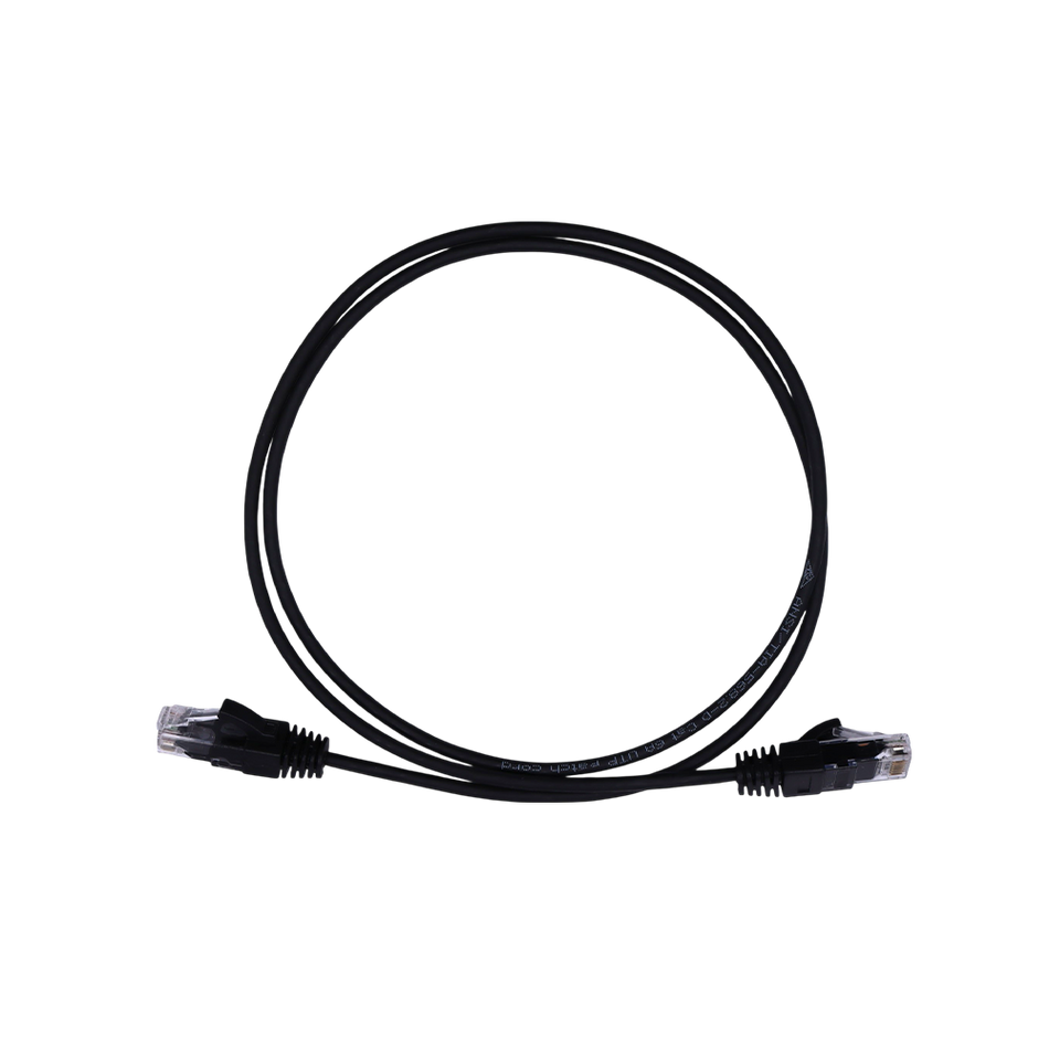 Full view of 1m black Cat6 UTP ethernet cable coiled in a circle