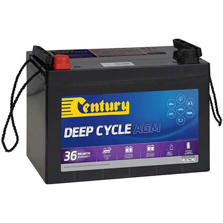 Century 12V 120Ah AGM deep cycle battery featuring heavy-duty rope handles and protective terminal caps