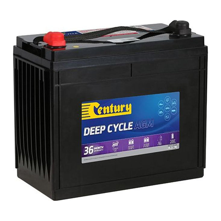Angled view of black 12V AGM deep cycle battery with red positive terminal, carry handle and ribbed side casing
