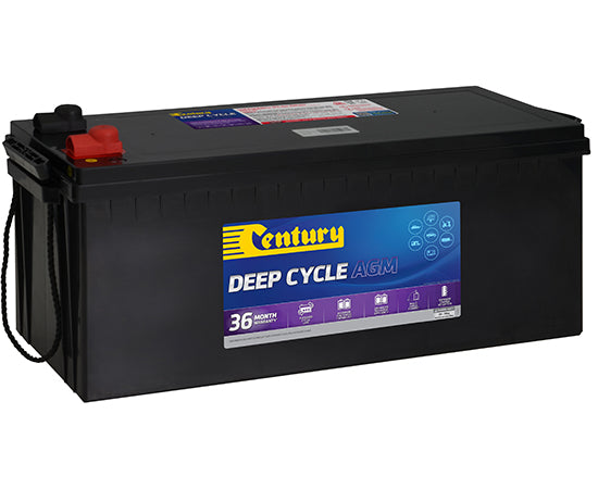 Century 12V 165Ah AGM deep cycle battery featuring rope carry handles and protected terminals
