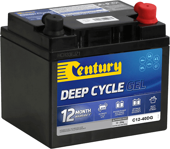 Century C12-40DG 12V 37Ah Gel Deep Cycle battery with red positive and black negative terminals