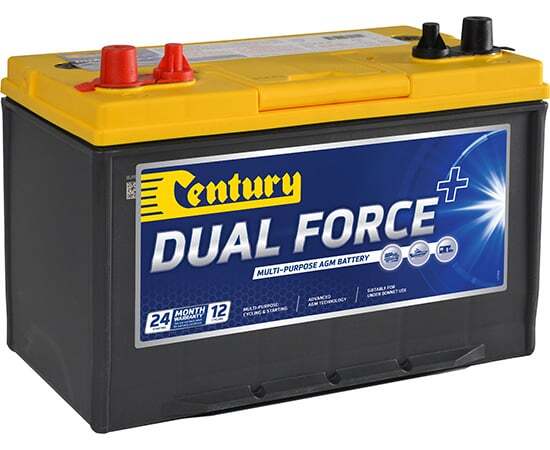 Angled view of Century Dual Force plus AGM battery with yellow top and black case
