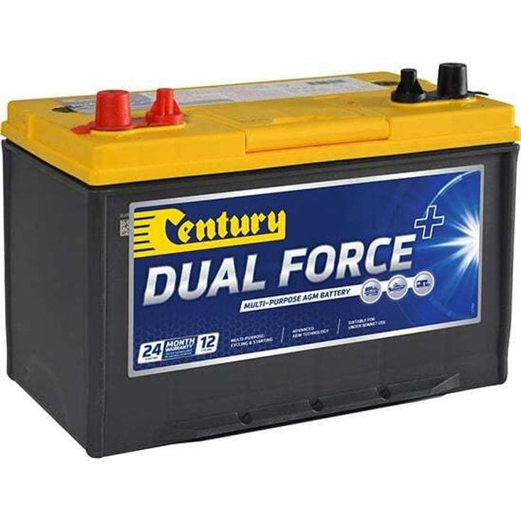 Angled view of Century Dual Force plus AGM battery with yellow top and black case