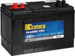 Angled view of Century Marine Pro 1000 battery with red terminals and carry handle