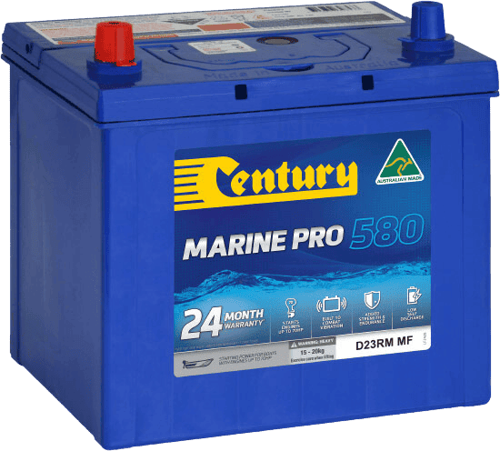 Blue Century Marine Pro 580 battery with red and blue terminals and integrated carry handle