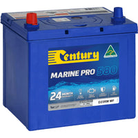 Blue Century Marine Pro 580 battery with red and blue terminals and integrated carry handle