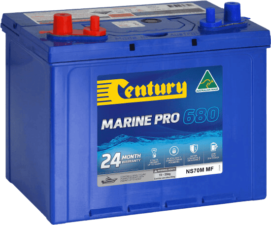 Blue Century Marine Pro 680 battery NS70M MF with red and blue terminals and Australian Made logo