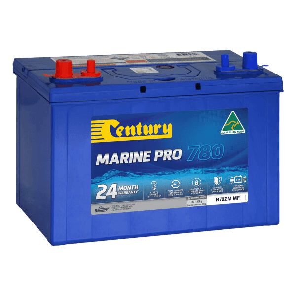 Century Marine Pro 780 battery with dual terminals, carry handle and maintenance-free blue casing