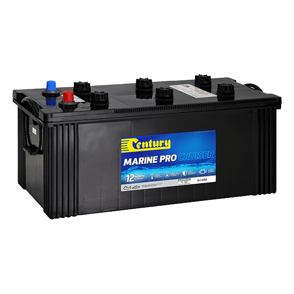 Angled view of Century Marine Pro Cruiser N150M battery showing terminals and caps