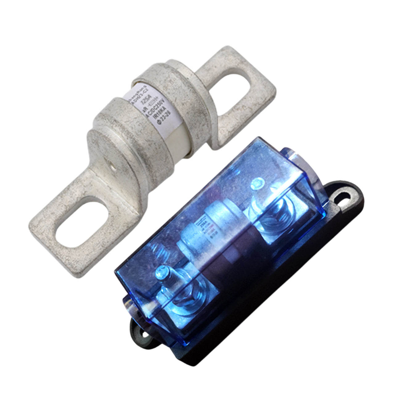 Exotronic 125A ceramic fuse next to a black fuse holder with a blue transparent cover and bolt terminals