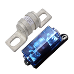 Exotronic 200A ceramic fuse next to a black fuse holder with a blue transparent cover and bolt terminals