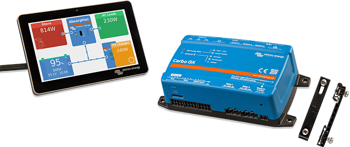 Victron Cerbo GX and GX Touch 50 shown with medium DIN35 mounting adapter brackets